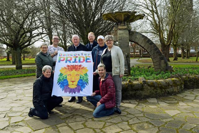 This years Doncaster Pride is changing location to Elmfield Park. Committee members pictured back l-r Jodie Thompson, Craig Teale-Price, Old Castle Landlord, Trevor Jones, Deputy Chair, John O'Neill, John Dorlin-Wagstaff, Market Co-ordinator and Jenny Dewsnapp, Chair. Front l-r Liane Denley and Kevin Dorlin-Wagstaff, secretary. Picture: NDFP-10-03-20 Pride Elmfield 2-NMSY