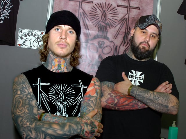 Tattooists Kev Carlin right, who operates Sacred Skin in East Laith Gate, Doncaster, with Kev Richardson, who works at the tattoo studio, are pictured at the 2009 Tattoo Jam at Doncaster Racecourse.