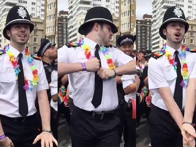 A policeman joins in the fun at Brighton Pride.