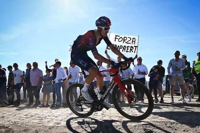 Ben Turner of Ineos Grenadiers pictured in action during the 119th edition of the 'Paris-Roubaix' cycling event earlier this year. Photo by JASPER JACOBS/BELGA MAG/AFP via Getty Images)