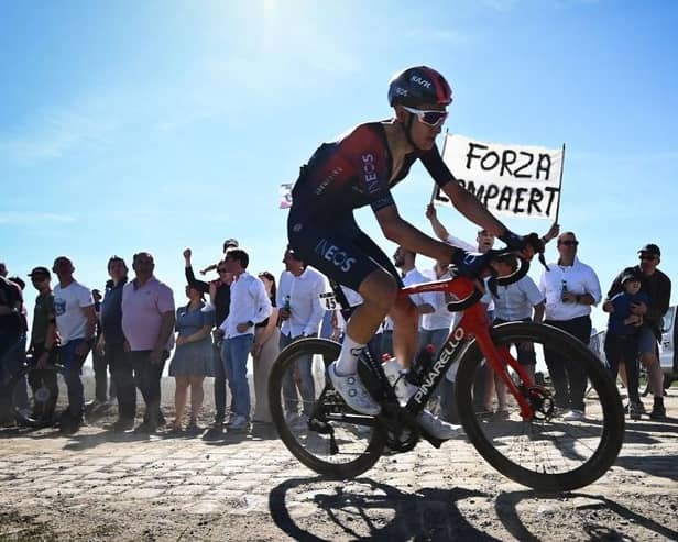 Ben Turner of Ineos Grenadiers pictured in action during the 119th edition of the 'Paris-Roubaix' cycling event earlier this year. Photo by JASPER JACOBS/BELGA MAG/AFP via Getty Images)