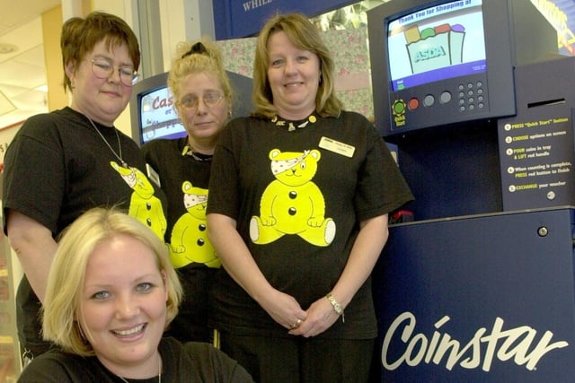 Asda girls Leanne Hallard, Carolyn Halls, Jan Rooke and Dawn Cunningham with coins for the Coinstar Machine for Children in Need, at Asda, Bawtry Road, Doncaste back in  2001