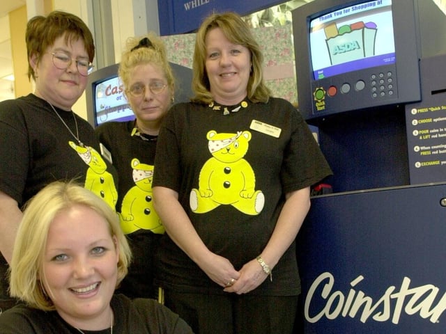 Asda girls Leanne Hallard, Carolyn Halls, Jan Rooke and Dawn Cunningham with coins for the Coinstar Machine for Children in Need, at Asda, Bawtry Road, Doncaste back in 2001