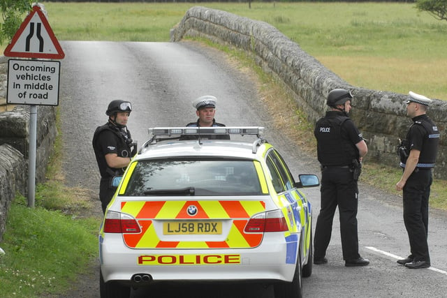 Police at Pauperhaugh on the B6344 where the road was closed to Rothbury traffic.