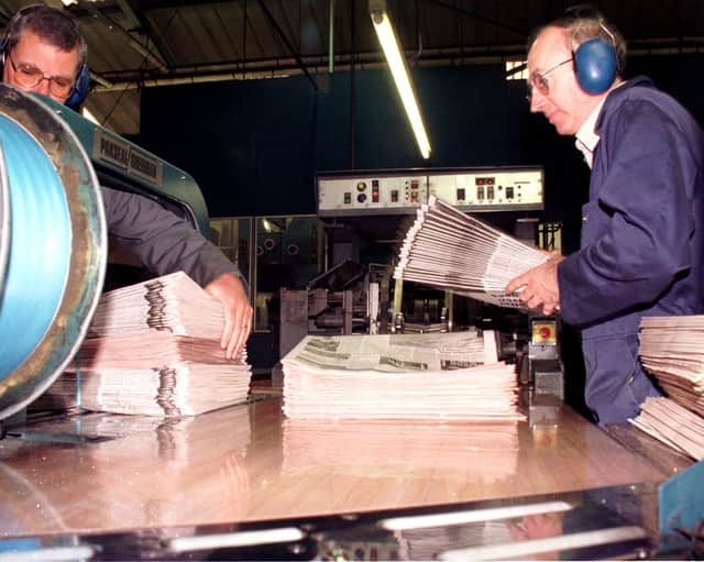 Fife Free Press -  Bob Provan and Davie Duncan with the papers coming off the press at  Mitchelston in 1999
