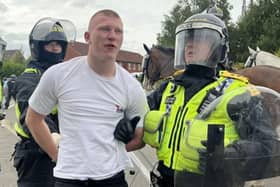 Liam Grey cried when he appeared in court charged in connection with the Rotherham hotel riot. (Photo: BBC)..