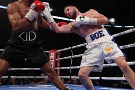 Maxi Hughes (right) pictured in victorious match against former world champion Kid Galahad. Photo by Mark Robinson.