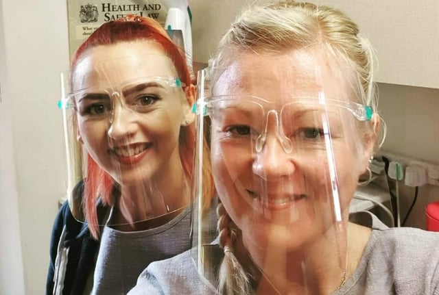 Kerry Merritt manager of Crazy Cuts, Wheatley Hills with Jennifer Kirby, in PPE