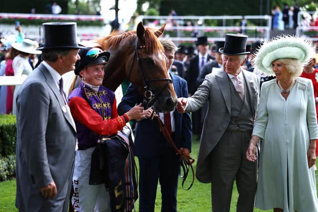 Desert Hero ridden by Tom Marquand with owners HM the King and HM The Queen at Royal Ascot 2023. Photo by Alex Pantling/Getty Images