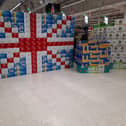 A Union Jack made up of beer crates
