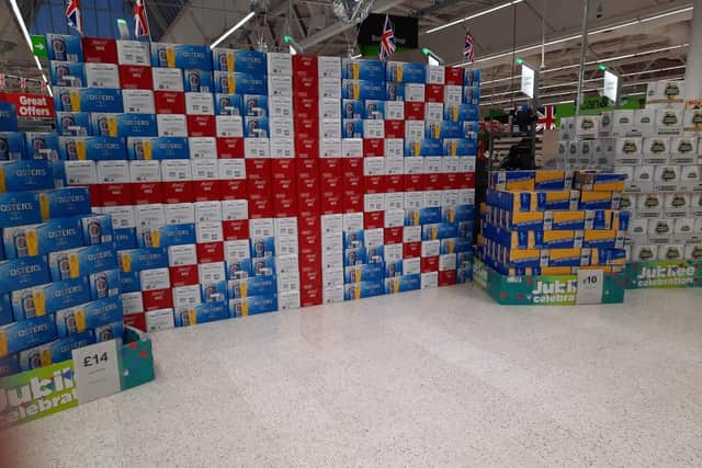 A Union Jack made up of beer crates