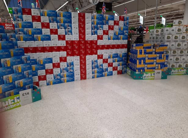 A Union Jack made up of beer crates