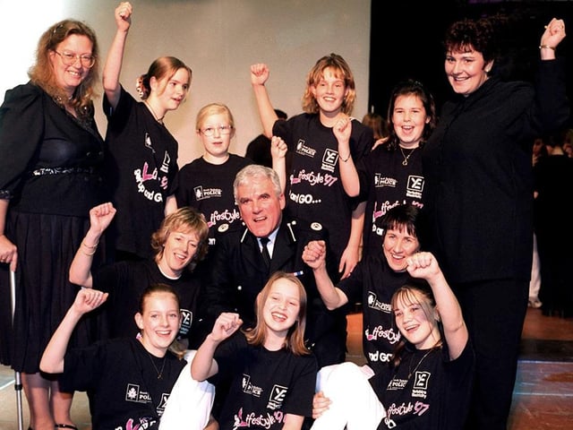 Pictured are Lifestyle 97 finalists from the Doncaster Pink Ladies and The Three Amigo's with Assistant Chief Constable Martin Davies at the presentation ceremony at the Doncaster Dome, November 1997
