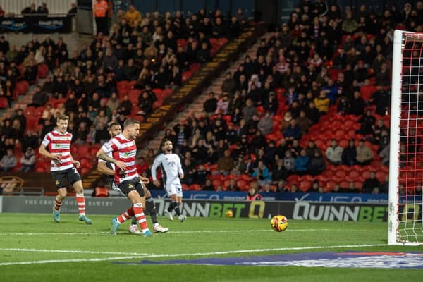 Doncaster Rovers v Salford League 2 fixture at the Eco power Stadium Doncaster.
Photograph by Tony Johnson. 16th November 2024
Rovers sub Billy Sharp taps home to score an equalising goal.