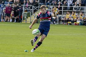 Sam Olver kicks for goal against Bedford earlier this season. Picture: Tony Johnson.
