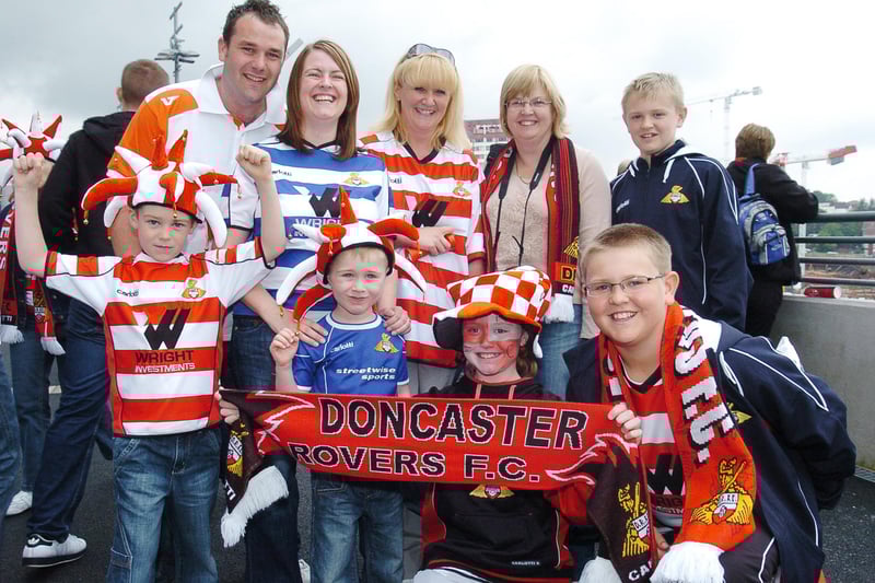 Rovers fans on Wembley Way. Back (l-r) Glynn Hudson, Elaine Hudson, Jill Sneath, Carol Flindrs and Adam Flinders, 12. Front (l-r) Euan Hudson, six, Niall Loyd, four, Lauren Sneath, nine and Nathan Flinders, ten.