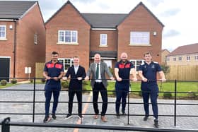 Doncaster sporting personalities from DRFC and Doncaster Knights RC Open Local Flagship New Homes Development.  Pictured (from left) Maliq Holden, Gary McSheffery, Albemarle Homes MD, Darryl Barker, George Oram and John Kelly