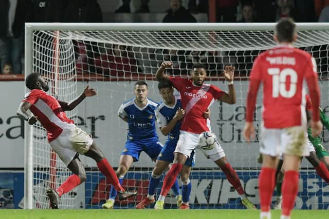 Toumani Diagouraga smashes home the winner for Morecambe as Rovers capitulate from 3-0 up to lose 4-3. Picture: Howard Roe/AHPIX