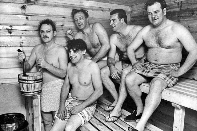 Miners enjoying a sauna bath after their shift at the Hatfield colliery in May 1971