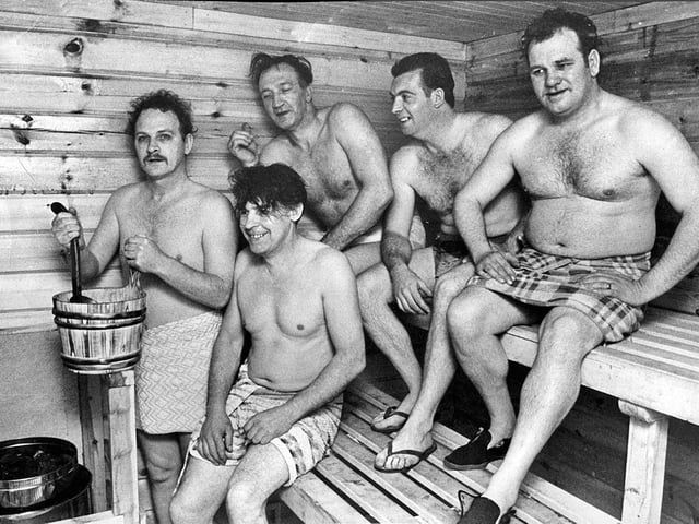 Miners enjoying a sauna bath after their shift at the Hatfield colliery in May 1971