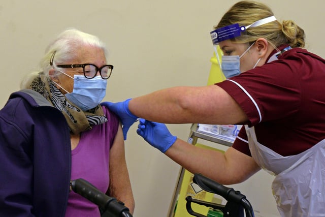 Ann Duggan, is the first to receive the Covid-19 Vaccination in Doncaster. Picture: NDFP-15-12-20-CovidVaccine 4-NMSY