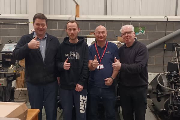 : Zak Mcguffie (second from left) who worked with Aspire to Be and has since gone on to get a full-time job with Challenge Supply Co in Doncaster, with (far left) Jonathan Layton from Challenge Supply, (third from left) Neil Keeton from Aspire to Be and (end) Paul Haycock.