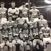 Doncaster Rovers 1987/88. Back (l-r) Colin Miller, Stuart Beattie, Andy Rhodes, Tommy Gaynor, Steve Burke. Middle (l-r) Tony Kinsella, Sean Joyce, Paul Holmes, Brian Deane, Micky Nesbitt, Ronnie Robinson. Front (l-r) Glenn Humphries, Micky Stead, Dave Cusack (player-manager), Brian Carnaby, Steve Beaglehole, Colin Russell.