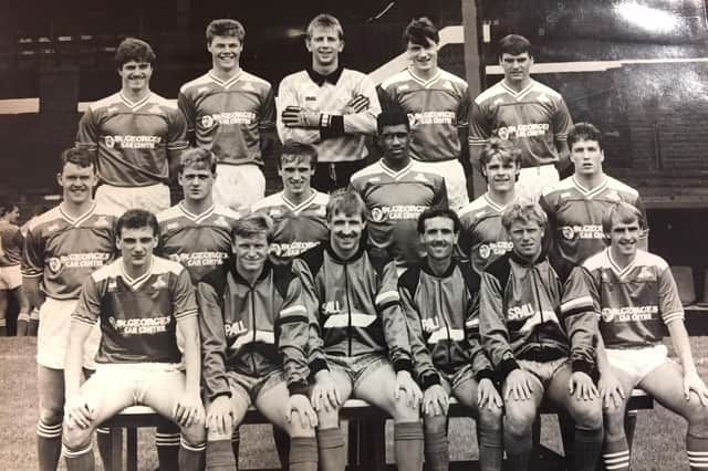 Doncaster Rovers 1987/88. Back (l-r) Colin Miller, Stuart Beattie, Andy Rhodes, Tommy Gaynor, Steve Burke. Middle (l-r) Tony Kinsella, Sean Joyce, Paul Holmes, Brian Deane, Micky Nesbitt, Ronnie Robinson. Front (l-r) Glenn Humphries, Micky Stead, Dave Cusack (player-manager), Brian Carnaby, Steve Beaglehole, Colin Russell.