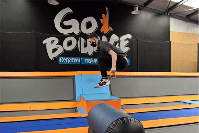 The play area has dozens of trampolines as well as interactive gaming zones.