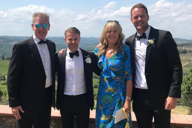 Sam Edgerley (second from left)  at his wedding in Italy with the Munro family (from left - Bob, his wife Linda and son Joe)