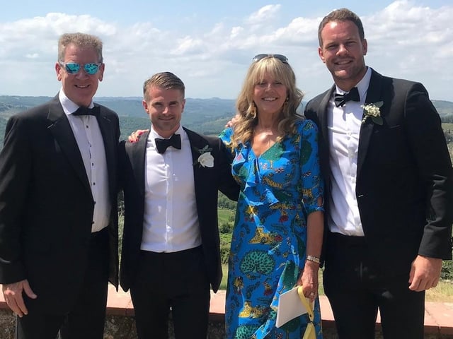 Sam Edgerley (second from left)  at his wedding in Italy with the Munro family (from left - Bob, his wife Linda and son Joe)