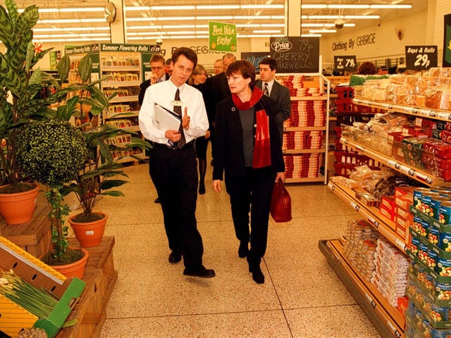 Government Public Health Minister, Tessa Jowell MP,  pictured with Asda Carcroft Manager, John Rowlands, during her visit to the store in 1998