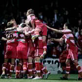 Doncaster Rovers celebrate their second goal during the Carling Cup match against Aston Villa at Belle Vue on November 29, 2005. (Photo by Shaun Botterill/Getty Images)
