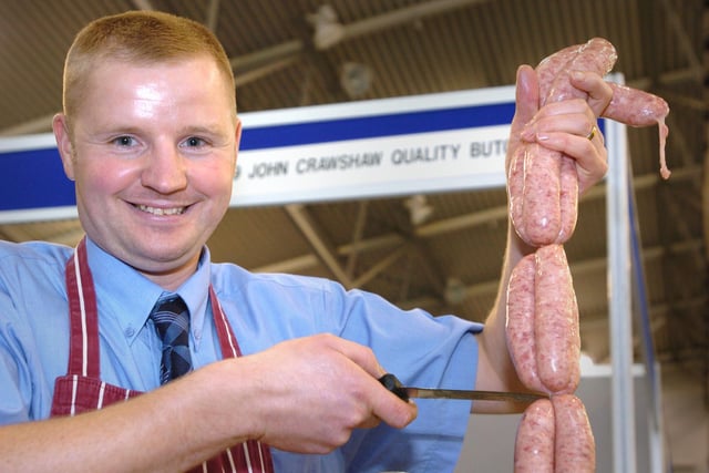 Star wining and dining experience, Ponds Forge, Sheffield. Wayne Barker, manager at John Earnshaw Butchers, Hillsborough Barracks  gets the award winning pork and apple sausages ready  for the display back in October 2004