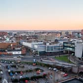 An aerial panorama view of the Frenchgate shopping and retail centre in Doncaster city centre with road links