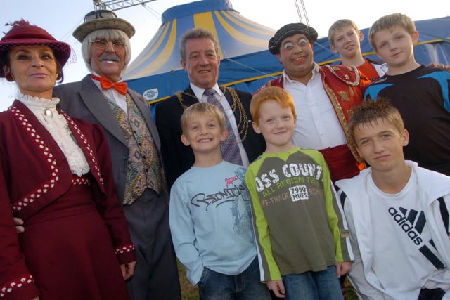 The Crosby family with performers and Civic Mayor Tony Sockett  before the circus show at Sandall Park in 2007. Back L-R Pepi Sandow, Pepi Sandow, Civic Mayor Tony Sockett, George Alexi, Dale Crosby,15 and James Crosby,12. Front L-R Thomas Crosby,eight, Nathan Crosby,seven and Martin Crosby,14