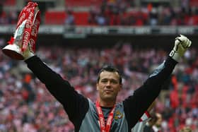 Neil Sullivan celebrates victory in the 2008 League One Play-Off Final. Photo: Clive Rose/Getty Images