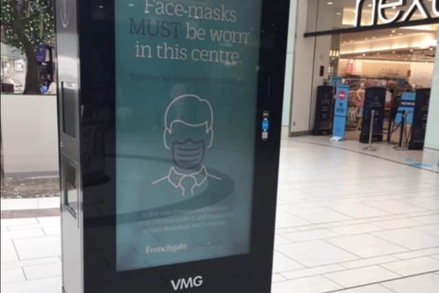 Signs at the Frenchgate Centre, in Doncaster,  warning people they must wear a facemask