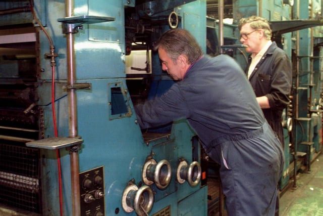 Fife Free Press - the printing press at Mitchelston in 1999. Andy Wilkie and Jim Wallace