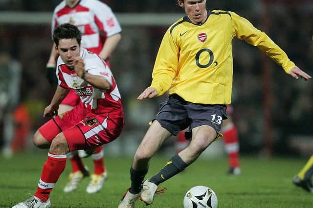 Sean McDaid goes up against Alex Hleb. Photo: Ross Kinnaird/Getty Images