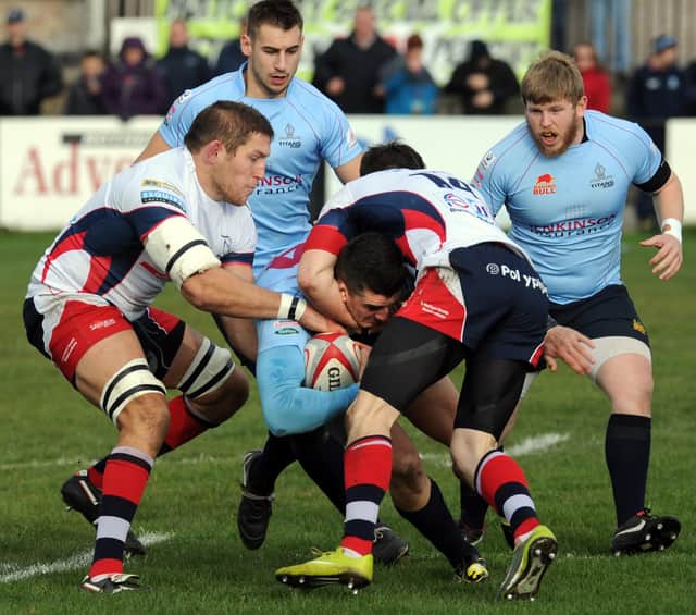 Matt Challinor, left, and Doughie Flockhart in action for Doncaster Knights against Rotherham in 2012.