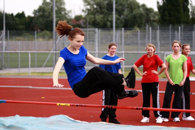 Abbie Pilkington, 12, competes in the high jump at Mexborough School's sports day, July 2010