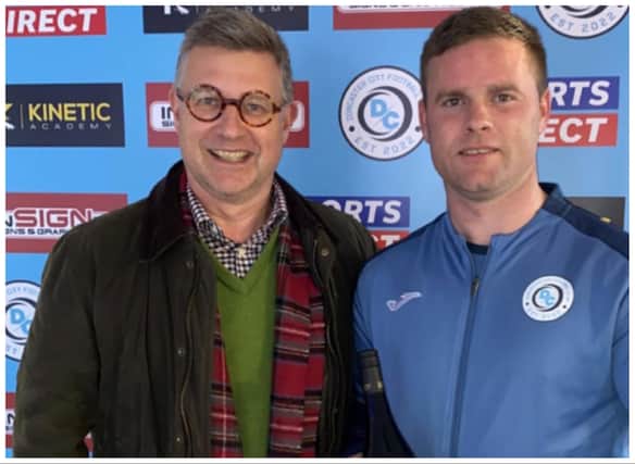 Richard Dolan flew 10,000 miles to watch Doncaster City and presented the man of the match award to Ryan Evans. (Photo: Doncaster City FC).