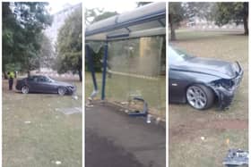 The bus shelter was wrecked after being hit by a BMW.