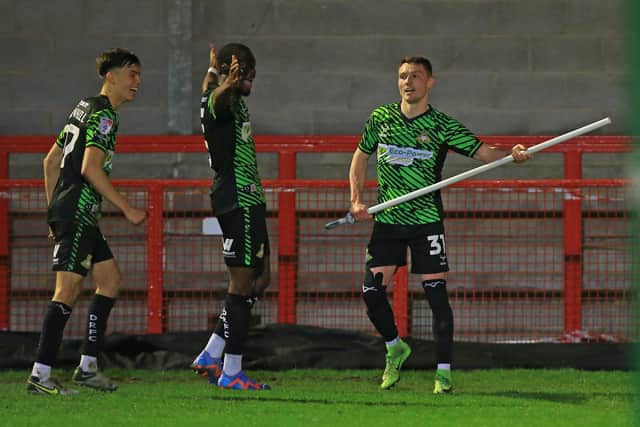 Doncaster Rovers' Caolan Lavery celebrates his goal against Crawley Town.