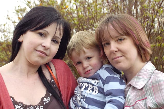 Kate Gaimster ( left ) and her son William, two,  pictured with Nikki Hutchinson who saved William's life  at Sandall Park in 2007