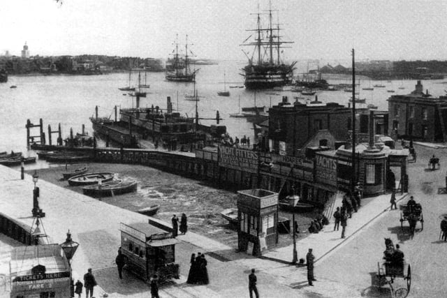 Portsmouth from the Gosport side of the harbour in the first decade of the 20th century. The floating bridge is in the middle of the picture. Incorporated in 1838, it began running in 1840. HMS Victory is moored nearest the shore