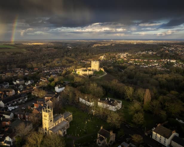 A rainbow forms in the skies over Conisbrough Castle. (Photo: Shaun Woodward).