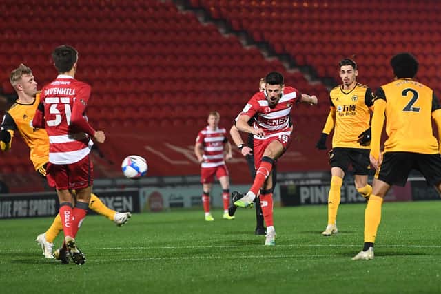 Ed Williams fires on goal. Picture: Howard Roe/AHPIX