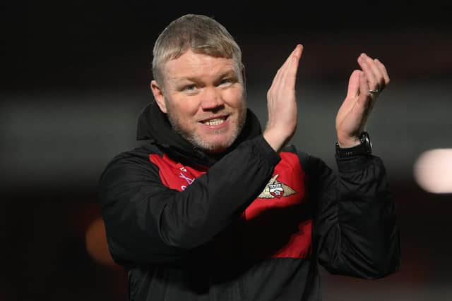 Doncaster Rovers boss Grant McCann celebrates the win over Accrington Stanley in the FA Cup.